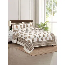 Aura Beige & White Floral 160 TC King Bedsheet with 2 Pillow Covers-picture-19