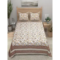 Aura Beige Floral Printed 144 TC Pure Cotton Double King Bedsheet & 2 Pillow Covers-picture-10