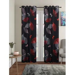 Aura Black & Red 2Pcs Floral Eyelet Long Door Curtain-image-25