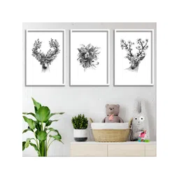 Aura Black & White 3 Piece Wood Floral and Botanical Wall Paintings-image-4