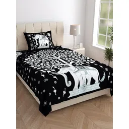 Aura Black & White Ethnic Motifs 120 TC Single Bedsheet with 1 Pillow Covers-picture-36