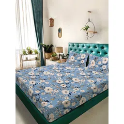 Aura Blue & Beige Floral Printed 300 TC Double King Bedsheet Set-2.50 m X 2.25 m-picture-18