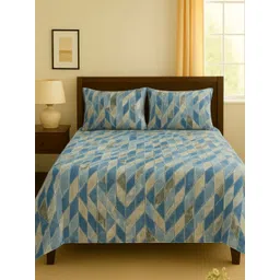 Aura Blue & Beige Geometric Printed 110 TC Single Bedsheet Set 2.20 m x 1.40 m-picture-21