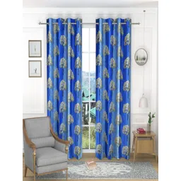 Aura Blue & Beige Set of 2 Floral Room Darkening Window Curtain-picture-15