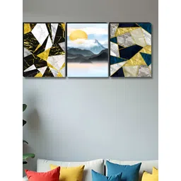 Aura Blue & Gold-Toned 3 Pieces Printed Wooden Wall Paintings-picture-32