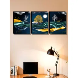 Aura Blue & Gold-Toned 3 Pieces Tree and Moon Wooden Painting Wall Art-picture-40