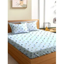 Aura Blue & Green Graphic 180 TC Queen Bedsheet With 2 Pillow Covers-picture-34