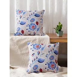 Aura Blue & Grey 2 Pieces Floral Square Cotton Cushion Covers-picture-27