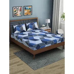 Aura Blue & Grey Geometric 144 TC Fitted Queen Bedsheet with 2 Pillow Covers-picture-15