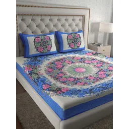 Aura Blue & Pink Floral Pure Cotton 120 TC Queen Bedsheet Set2.35 x 2.15 Mts-picture-37