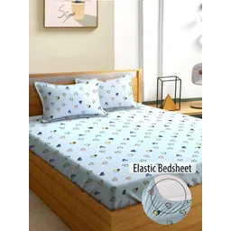 Aura Blue & Pink Graphic 180 TC Fitted Queen Bedsheet With 2 Pillow Covers-picture-12