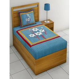 Aura Blue & Red Floral Cotton 120 TC Single Bedsheet with 2 Pillow Covers-picture-10
