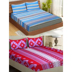 Aura Blue & Red Geometric 160 TC 2 Queen Bedsheet with 4 Pillow Covers-picture-20