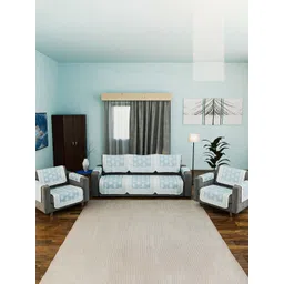 Aura Blue & White 16 Pieces Printed Cotton 5 Seater Sofa Covers With Arms-picture-12