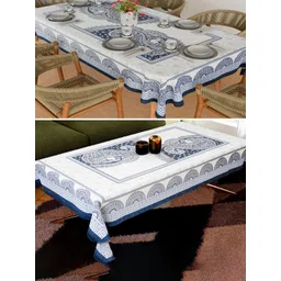 Aura Blue & White 2 Pieces Floral Printed Anti-Skid Cotton 6-Seater Table Cover-picture-35