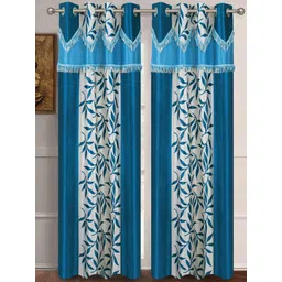 Aura Blue & White 2 Pieces Floral Room Darkening Door Curtains-picture-17
