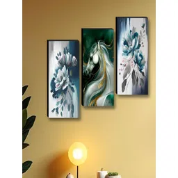 Aura Blue & White 3 Pieces Horse & Flower Floral And Botanical Wooden Wall Art-picture-11