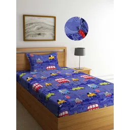 Aura Blue & White Cartoon Characters 350 TC Single Bedsheet with 1 Pillow Covers-picture-20