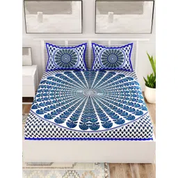 Aura Blue & White Ethnic Motifs Cotton 120 TC Queen Bedsheet with 2 Pillow Covers-picture-10