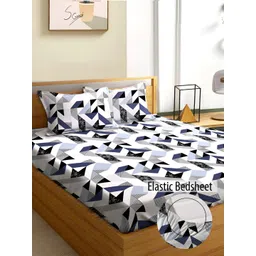 Aura Blue & White Geometric 180 TC Fitted Queen Bedsheet With 2 Pillow Covers-picture-33