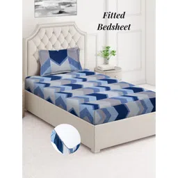 Aura Blue & White Geometric 350 TC Single Bedsheet with 1 Pillow Covers-picture-25