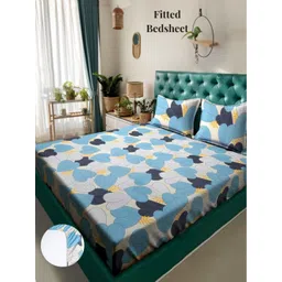 Aura Blue & White Geometric Printed 300 TC King Fitted Bedsheet Set 2.50 m x 2.15 m-picture-30
