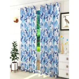 Aura Blue & White Set of 2 Floral Room Darkening Door Curtain-picture-38