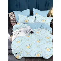 Aura Blue & Yellow Floral Printed 350 TC Fitted King Bedsheet Set 2.5 m x 2.15 m-picture-38