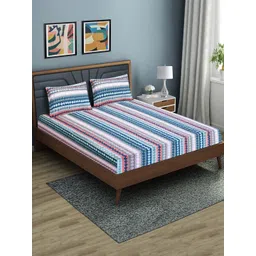 Aura Blue Grey Printed Fitted 144 TC Queen Bedsheet With 2 Pillow Covers-picture-24