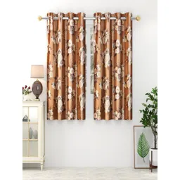 Aura Brown & Beige Set of 2 Floral Room Darkening Window Curtain image 1