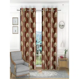 Aura Brown & Cream-Coloured Set of 2 Floral Room Darkening Long Door Curtain-picture-37