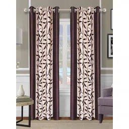 Aura Brown & Cream-Coloured Set of 2 Floral Room Darkening Long Door Curtain-picture-28