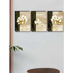 Aura Brown & Gold-Toned 3 Pieces Floral Printed Wooden Wall Paintings-picture-35