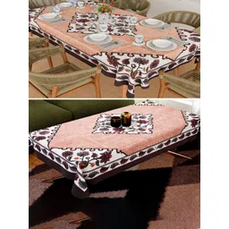 Aura Brown & Orange 2 Pieces Floral Printed Anti-Skid Cotton 6-Seater Table Cover-picture-29