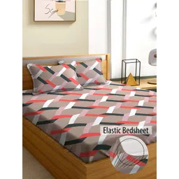 Aura Brown & Red Geometric 180 TC Fitted Queen Bedsheet With 2 Pillow Covers-picture-19