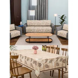 Aura Brown & White 11 Pieces Printed Velvet 5 Seater Sofa Covers & Table Cover-image-30