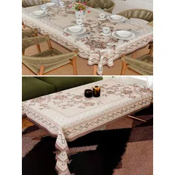 Aura Brown & White 2 Pieces Floral Printed Anti-Skid Cotton 6-Seater Table Cover-picture-16