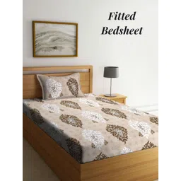 Aura Brown & White Ethnic Motifs 350 TC Single Bedsheet with 1 Pillow Covers-picture-11