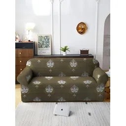 Aura Brown & White Printed Stretchable Three Seater Sofa Cover With Arms-picture-34
