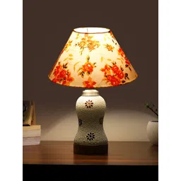 Aura Conical White & Orange Colored Floral Printed Glass Frustum Shaped Table Lamp-image-4