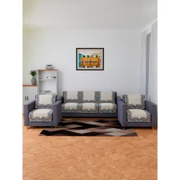 Aura Cream & Blue Ethnic Motifs Velvet 5-Seater Sofa Covers-picture-34