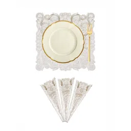 Aura Cream Colored and Gold-Toned 4 Pieces Floral Textured Square Table Placemats-picture-24