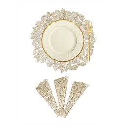 Aura Cream Colored and Gold-Toned 4 Pieces Leaf Textured Round Table Placemats-picture-22