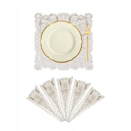 Aura Cream Colored and Gold-Toned 6 Pieces Floral Textured Square Table Placemats-picture-26