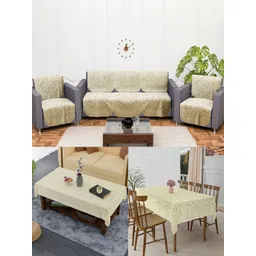 Aura Cream-Coloured 12 Pieces Printed Cotton 5 Seater Sofa Covers & Dining Table Covers-picture-31