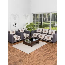 Aura Cream-Coloured & Black 10 Pieces Floral Printed 5 Seater Anti Skid Sofa Covers-picture-17