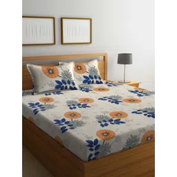 Aura Cream-Coloured & Blue Floral Printed 300 TC King Bedsheet Set 2.5 m x 2.15 m-picture-28