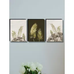 Aura Cream-Coloured & Gold-Toned 3 Pieces Leaf Wooden Painting Wall Art-picture-15