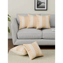 Aura Cream-Coloured & Gold-Toned 5 Pieces Square Cushion Covers-picture-16