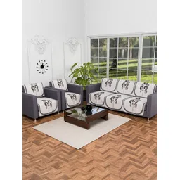 Aura Cream-Coloured & Grey 10 Pieces Floral Printed 5 Seater Velvet Sofa Covers-picture-22